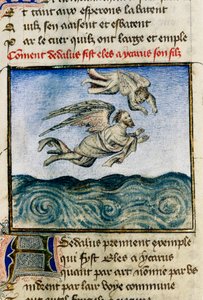 "Dedale and Icarus" (إيكاروس ودايدالوس) للهروب إلى مينوس ، دفع ديدال ابنه إيكاروس ليطير بعيدًا بفضل جناحيه الشمعي. صورة مصغرة لغيوم لوريس من مخطوطة "رومان الوردة" "