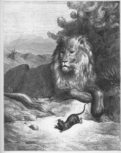 Le lion et le rat - الأسد والفأر - من "الخرافات" لجين دي لافونتين (لافونتين) (1621-95) - نقش بعد غوستاف دوري (1832-1883) - مجموعة خاصة