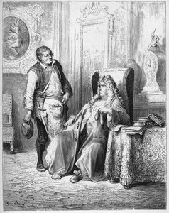 Le cobbler et le financier - The Cobbler and the Financier - من "الخرافات" لجين دي لافونتين (لافونتين) (1621-95) - نقش بعد غوستاف دوري (1832-1883) - مجموعة خاصة بواسطة غوستاف (بعد) دوري