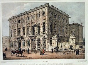 The Cafe Amitie و Old Hotel du Prince Frederic ، بروكسل ، بعد قتال 23-26 سبتمبر 1830 ، نقش بواسطة جان بابتيست مادو (1796-1877) (نقش ملون) بواسطة جوستاف أدولف (بعد) سيمونو