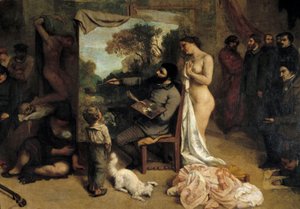 ورشة الرسام. Allegorie Reelle تحدد مرحلة سبع سنوات من حياتي الفنية (والأخلاقية) التفاصيل التي تصور الرسامة تحيط بمصدري إلهامها ، طفل يرمز إلى السذاجة وامرأة عارية. رسم غوستاف كوربيه (1819-
