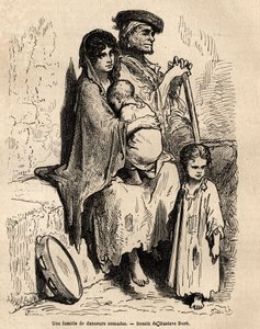 عائلة من الراقصين الرحل تستريح في شوارع إشبيلية. رسم تخطيطي تم التقاطه على الهواء مباشرة بواسطة Gustave Dore (1832-1883). نقش لتوضيح الرحلة في إسبانيا ، في عام 1862 بواسطة تشارلز ديفيلير وغوستاف دوري ، في "Le tour du monde، nouveau journal des voyag بواسطة غوستاف دور