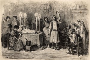 رقصة جنائزية ، خلال يوم الدفن في جيجوناس (مقاطعة اليكانتي). رسم تخطيطي تم التقاطه على الهواء مباشرة بواسطة Gustave Dore (1832-1883). نقش لتوضيح الرحلة في إسبانيا ، في عام 1862 بواسطة تشارلز ديفيلير وغوستاف دوري ، في "Le tour du monde، nouveau jour بواسطة غوستاف دور