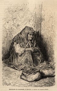 تاجر فول سوداني ، رسم تخطيطي مباشر في بويرتا ديل سول ، في مدريد. نقش لجوستاف دوري (1832-1883) لتوضيح رحلته إلى إسبانيا مع الفصل. Davillier (محرر) ، في عام 1862 ، نُشر في "" Le tour du monde "" "1869 ، تم تحريره بواسطة Edouard Chart بواسطة غوستاف دور