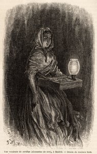 بائعة لمباريات الشمع ، رسم مباشر في بويرتا ديل سول ، مدريد. نقش لجوستاف دوري (1832-1883) لتوضيح رحلته إلى إسبانيا مع الفصل. Davillier (محرر) ، في عام 1862 ، نُشر في "" Le tour du monde "" "1869 ، تم تحريره بواسطة Edouard Charton ، بواسطة غوستاف دور