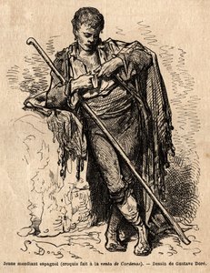 شحاذ شاب ، a la vente de Cardenas ، نزل على طريق المادين (إقليم القناة). رسم تخطيطي تم التقاطه على الهواء مباشرة بواسطة Gustave Dore (1832-1883). نقش لتوضيح الرحلة في إسبانيا ، في عام 1862 بواسطة تشارلز ديفيلير وغوستاف دوري ، في "Le tour d بواسطة غوستاف دور