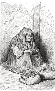 بعد رسم تخطيطي لامرأة إسبانية عجوز رسمه غوستاف دوري. من حياة وذكريات غوستاف دوري، نُشر عام 1885. بواسطة غوستاف دور