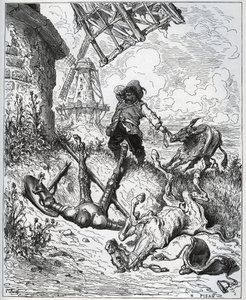 بعد الاعتداء يعطي طواحين الهواء - "" Misericorde! "" سانشو - من "" دون كيشوت دي لا مانشا "" لميغيل سيرفانتس (1547-1616) (دون كيشوت) - نقش خشبي بعد رسم غوستاف دوري بواسطة غوستاف دور