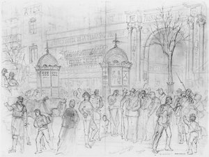 ألبوم حصار باريس ، بوليفارد مونمارتر ، يناير 1871 (قلم جاف وحبر بني وقلم رصاص على ورق) بواسطة غوستاف دور