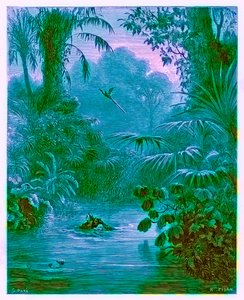 Atala and Chactas Crossing a River ، توضيح من `` The Dore Gallery &39;&39; ، منقوش بواسطة Heliodore Joseph Pisan (1822-90) ، تم نشره عام 1890 (صورة محسنة رقميًا) بواسطة غوستاف دور