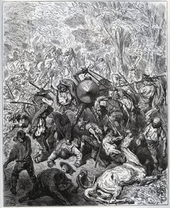 معركة مع صانعي البغال - استخدم Yangois نواديهم - من "Don Quixote de la Mancha" لميغيل سيرفانتس (1547-1616) (دون كيشوت) - نقش خشبي بعد رسم غوستاف دوري بواسطة غوستاف دور