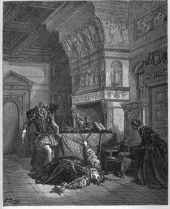 انتحار كاميل أمام لوثير وليونيلا - من "دون كيشوت دي لا مانشا" لميغيل سيرفانتس (1547-1616) (دون كيشوت) - نقش خشبي بعد رسم غوستاف دوري بواسطة غوستاف دور
