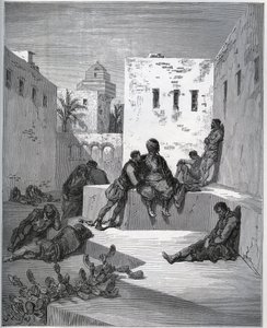 قصة أسيرة. فناء فندق bagne d'Algiers حيث يطلب الأسير خدمة إلى الأسير المتمرد - من "" Don Quixote de la Mancha "لميغيل سيرفانتس (1547-1616) (دون كيشوت) - نقش خشبي بعد الرسم بواسطة غوستاف دوري بواسطة غوستاف دور