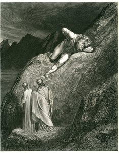 دانتي وفيرجيل يقابلان المينوتور. نقش من "الجحيم" لدانتي أليغييري (الكوميديا الإلهية) رسمها غوستاف دور. الطبعة الفرنسية لعام 1861. "E in su la punta della rotta lacca/L