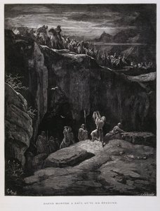 داود يقدم سيفه ولاءً لشاول ملك إسرائيل، رسم توضيحي من كتاب دور التوراتي بواسطة غوستاف دور