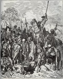 دون كيخوت وسانشو مع سرب من القرويين النهيقين - من "دون كيشوت دي لا مانشا" لميغيل سيرفانتس (1547-1616) (دون كيشوت) - نقش خشبي بعد رسم غوستاف دوري بواسطة غوستاف دور