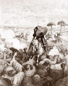 يهاجم دون كيشوت قطيع الغنم لنقش غوستاف دوري (1832-1883) لـ "إنجينيو هيدالجو دون كيشوت دي لا مانشا (كيشوت - كيشوت)" لميغيل دي سيرفانتس (1547-1616) 1863 مجموعة خاصة بواسطة غوستاف دور