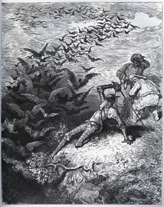 Don Quixote a la cave de Montesinos - يطير عدد لا حصر له من الغربان والغربان من كهف مونتيسينوس ، ويطرح دون كيخوت على الأرض (II ، 22) - من "" Don Quixote de la Mancha "" لميغيل سيرفانتس (1547- 1616) (دون كيشوت) - نقش خشبي بعد الرسم بواسطة غوستاف دور
