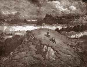دون كيشوت وسانشو بانزا يقتربان من سييرا مورينا نقش لغوستاف دوري (1832-1883) لـ "لانجينيو هيدالجو دون كيشوت دي لا مانش (كيشوت - كيشوت)" لميغيل دي سيرفانتس (1547-1616) مجموعة خاصة 1863 بواسطة غوستاف دور