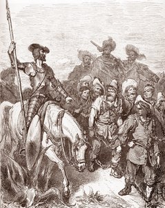 يستجوب دون كيشوت وسانشو بانزا المجرمين الذين يقودون إلى نقش القوادس بواسطة غوستاف دوري (1832-1883) من أجل "لانجينيو هيدالجو دون كيشوت دي لا مانشا (كيشوت - كويجوت)" بقلم ميغيل دي سيرفانتس (1547-1616) 1863 خاص مجموعة بواسطة غوستاف دور