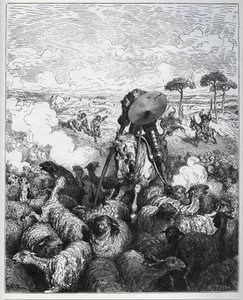 يهاجم دون كيشوت قطيعًا من الأغنام ، معتقدًا أنه كان يتعامل مع جيش Alibanfaron من تابروبانا - من "Don Quixote de la Mancha" لميغيل سيرفانتس (1547-1616) (دون كيشوت) - نقش خشبي بعد الرسم بواسطة غوستاف دوري بواسطة غوستاف دور