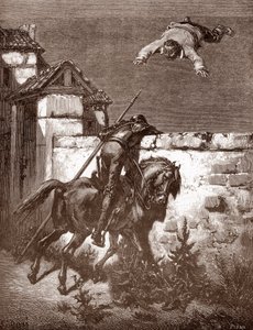 فشل Don Quixote في إيقاف قاذفي Sancho Panca الذين جعلوه يقفز على بطانية (تفشل عروض Don Quixote في التأثير على القاذفات) نقش Gustave Dore (1832-1883) لـ L