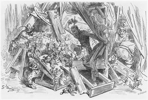 دون كيشوت يحارب الدمى ، رسم توضيحي من "دون كيشوت دي لا مانشا" بقلم ميغيل سرفانتس (1547-1616) منقوش بواسطة هيليودور جوزيف بيسان (1822-90) بواسطة غوستاف دور