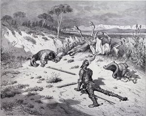 الأخلاق التي كتبها دون كيشوت عن شكوكه ، من "دون كيشوت دي لا مانشا" بقلم ميغيل سرفانتس (1547-1616) الذي نقشه هيليودور جوزيف بيسان (1822-90) ج. بواسطة غوستاف دور