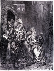 Enter this inn, plate IV - Illustration by Gustave Dore (1832-1883), for La legende du Jeif wandering by Pierre Dupont, edition Librairie du magasin picturesque, Paris 1862 بواسطة غوستاف دور