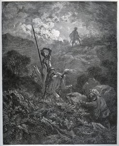 الظهور الأول لـ Deguenille-de-la-Malaise-Mine - من "" Don Quixote de la Mancha "لميغيل سيرفانتس (1547-1616) (دون كيشوت) - نقش خشبي بعد رسم غوستاف دوري بواسطة غوستاف دور