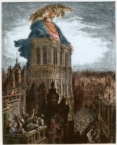 Gargantua على أبراج Notre-Dame في باريس - Gargantua يستريح على أبراج كنيسة Notre-Dame في باريس - رسم توضيحي من "Gargantua and Pantagruel" بقلم فرانسوا رابيليه - نقش لغوستاف دوري (1832-1883) بواسطة غوستاف دور