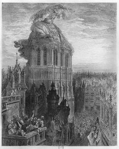 Gargantua على أبراج Notre-Dame في باريس ، رسم توضيحي من "Gargantua" لفرنسوا رابيليه (1494-1553) منقوش بواسطة Pannemaker (النقش) (وزن الجسم صورة) بواسطة غوستاف دور