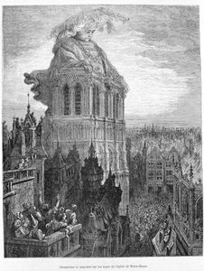 جارجانتوا يستريح على أبراج كنيسة السيدة العذراء. نقش بعد عمل Gargantua لفرانسوا رابليه (1483-1553) بواسطة غوستاف دور