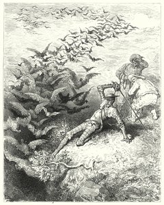 Gustave Dores Don Quixote: "An infinite number of overgrown crows and daws came rushing and fluttering out of the cave" (engraving) بواسطة غوستاف دور