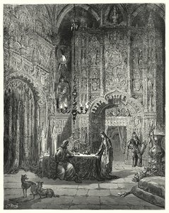 دون كيشوت لـ Gustave Dore: "فتاة أخرى تدخل الغرفة ، وتبدأ في إخباره بالقلعة ، وكيف أنها مفتونة بها" (نقش) بواسطة غوستاف دور