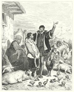 دون كيشوت لـ Gustave Dore: "الفارس قدم له الكثير من الوعود العادلة ، حتى أن المهرج السخيف المسكين وافق أخيرًا على الذهاب معه ليصبح مربوطه" (نقش) بواسطة غوستاف دور