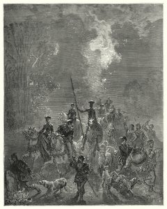 دون كيشوت لـ Gustave Dore: "بدأ الصباح ينشر مظهرها المبتسم في الحي الشرقي من السماء" (نقش) بواسطة غوستاف دور