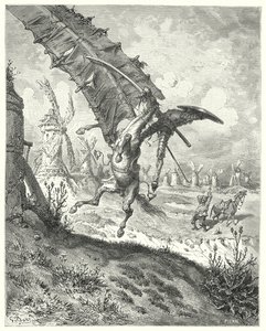 Gustave Dores Don Quixote: "The sail hurled away both knight and horse along with it" (engraving) بواسطة غوستاف دور