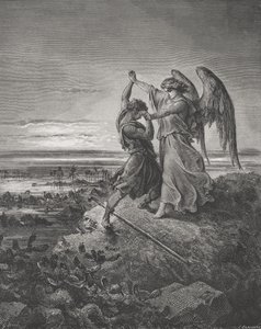 يعقوب يتصارع مع الملاك ، تكوين 32: 24-32 ، رسم توضيحي من "الكتاب المقدس" لدور ، منقوش بواسطة لابلانت ، 1866 بواسطة غوستاف دور