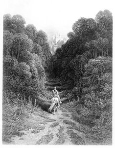 لانسلوت يقترب من القلعة في Astolat ، التوضيح من "Idylls of the King" بواسطة ألفريد تينيسون (ليثو) بواسطة غوستاف دور