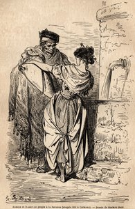 رجل وامرأة يملكان النافورة في قرية كارمونا بالقرب من إشبيلية. رسم تخطيطي تم التقاطه على الهواء مباشرة بواسطة Gustave Dore (1832-1883). نقش لتوضيح الرحلة في إسبانيا ، في عام 1862 بواسطة تشارلز ديفيلير وغوستاف دوري ، في "Le tour du monde، nouveau بواسطة غوستاف دور