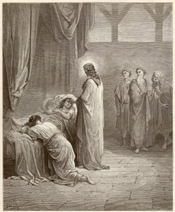 المعجزة: شفى يسوع المسيح ابنة يائير (يايرس أو يايروس). نقش من الكتاب المقدس رسمه غوستاف دوري (1832-1883) بواسطة غوستاف دور