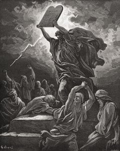 موسى يكسر ألواح الشريعة ، خروج 32:19 ، رسم توضيحي من "الكتاب المقدس" لدور ، منقوش بواسطة Hotelin ، 1866 بواسطة غوستاف دور