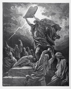 موسى يكسر ألواح الشريعة ، نقشها Hotelin ، c.1868 بواسطة Gustave Dore