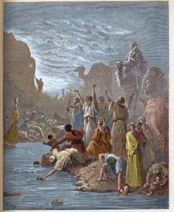 يجلب موسى الماء من الصخرة - Moise fait l'eau du rock، dans le desert - كتاب الخروج (الكتاب المقدس) - نقش في "" The Bible illustree "بقلم Gustave Dore (1832-1883) - نقش من" "The الكتاب المقدس دوري "" بواسطة غوستاف دور
