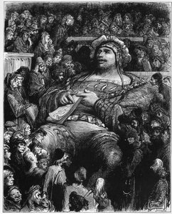 بانتاجرويل يختبر معنوياته ضد العلماء الباريسيين - رسم توضيحي من "Gargantua and Pantagruel" بقلم فرانسوا رابليه - نقش لغوستاف دوري (1832-1883) بواسطة غوستاف دور