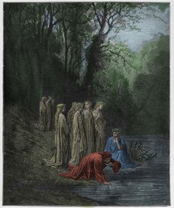 Purgatorio ، كانتو 33: مشروبات دانتي من نهر Eunoe ، التوضيح من "الكوميديا الإلهية" لدانتي Alighieri ، 1885 بواسطة غوستاف دور