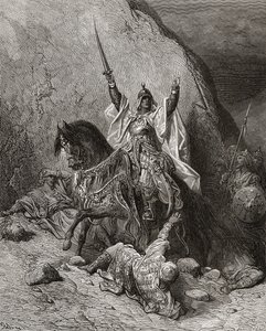 صلاح الدين يوسف (ت 11173) سلطان خلال الحملة الصليبية الثانية ، رسم توضيحي من "مكتبة الكرواسون" للمؤلف ج. ميشو ، 1877 بواسطة غوستاف دور
