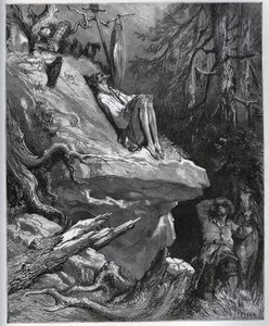 سانشو بانزا يجد سيده ، دائمًا في حالة توبة - من "" دون كيشوت دي لا مانشا "" لميغيل سيرفانتس (1547-1616) (دون كيشوت) - نقش خشبي بعد رسم غوستاف دوري بواسطة غوستاف دور