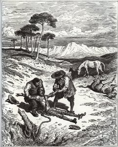 سانشو وابن عمه يسحبان دون كيخوت (نائمًا) من كهف مونتيسينوس - من "" دون كيشوت دي لا مانشا "لميغيل سيرفانتس (1547-1616) (دون كيشوت) - نقش خشبي بعد رسم غوستاف دوري بواسطة غوستاف دور